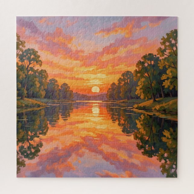 Lebendige Sonnenuntergangs-Flussreflexion Puzzle (Vertikal)
