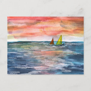 Lebendige Sonnenuntergangs-Segel-Wasserfarbenkunst Feiertagspostkarte
