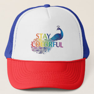 Lebendige "Stay Colorful" Pfau Motivational Truckerkappe