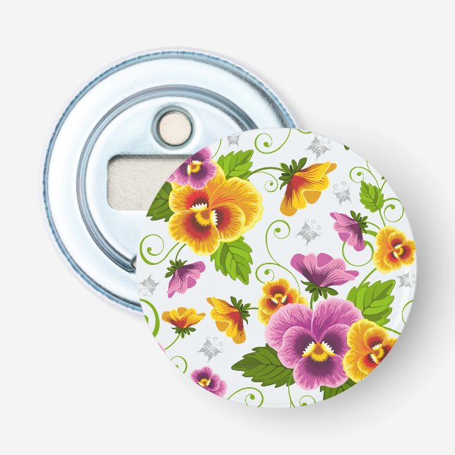 Lebendige Stiefmütterchen-Blüten Flaschenöffner (Vorderseite)