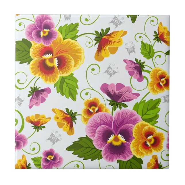 Lebendige Stiefmütterchen-Blüten Fliese (Vorderseite)