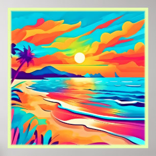 Lebendige Strand-Sunset-Kunst Poster
