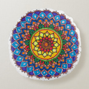 Lebendige Symmetrie: Künstlerisches Mandala-Rundki Rundes Kissen