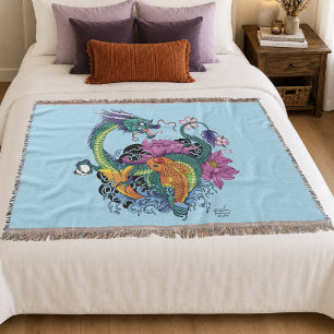 Lebendige Teal-Oriental-Koi-Drache-Lotusblume Decke