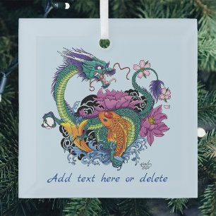 Lebendige Teal-Oriental-Koi-Drache-Lotusblume Ornament Aus Glas