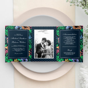 Lebendige tropische Blumen-Garten-Foto-Hochzeit Dreifach Gefaltete Einladung