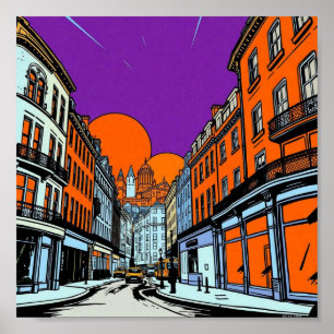 Lebendige urbane Sonnenuntergangs-Stadtlandschaft Poster