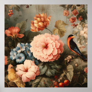 Lebendige Vintage-Blumen- und Vogel-Szene Poster