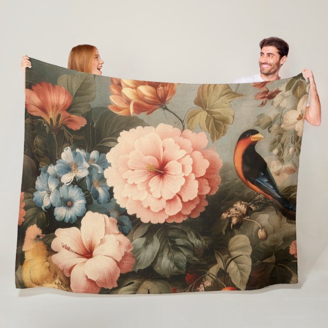 Lebendige Vintage-Blumen- und Vogelszene Fleecedecke (Beispiel)