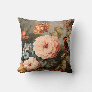 Lebendige Vintage-Blumen- und Vogelszene Kissen