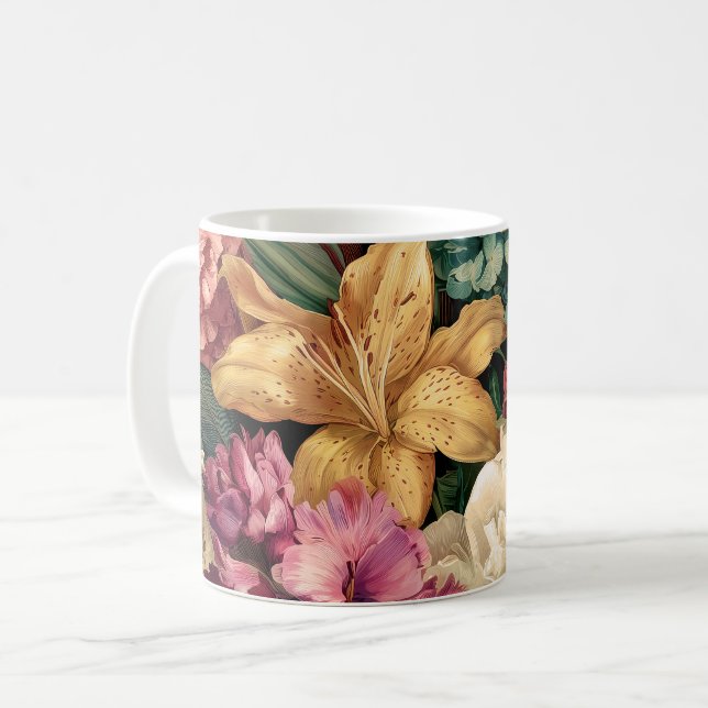 Lebendige Vintage-Blumenarrangement Kaffeetasse (Vorderseite Links)