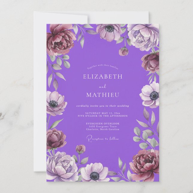 Lebendige violette Anemonen-Hochzeit Einladung (Vorderseite)