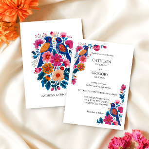 Lebendige Volkskunst Florale Vögel Hochzeit Einladung