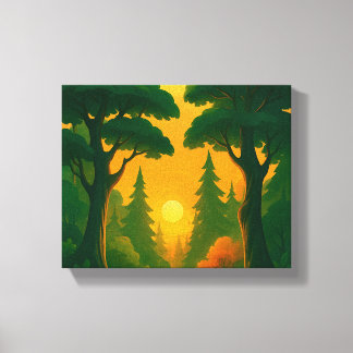 Lebendige Waldillustration bei Sonnenuntergang Leinwanddruck