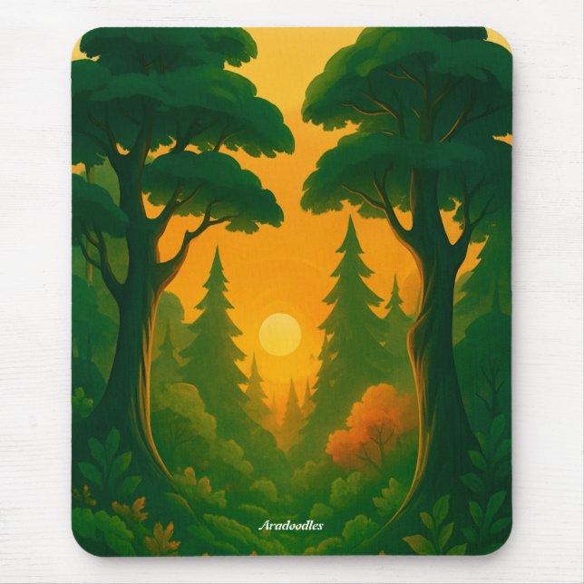 Lebendige Waldillustration bei Sonnenuntergang Mousepad (Vorne)