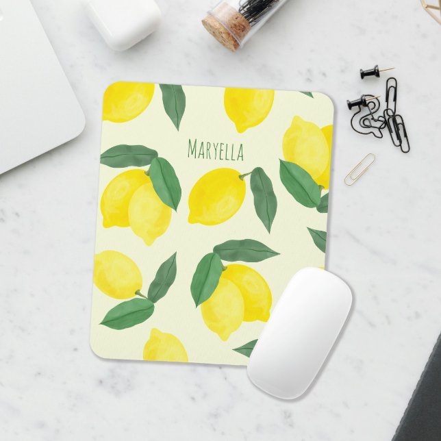 Lebendige Wasserfarbe-Limonen Handgezeichnet Gelb Mousepad (Watercolor lemon custom name mediterranean citrus mouse pad)