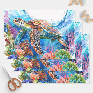 Lebendige Wasserfarbe Meeresschildkröte Decoupage Geschenkpapier Set