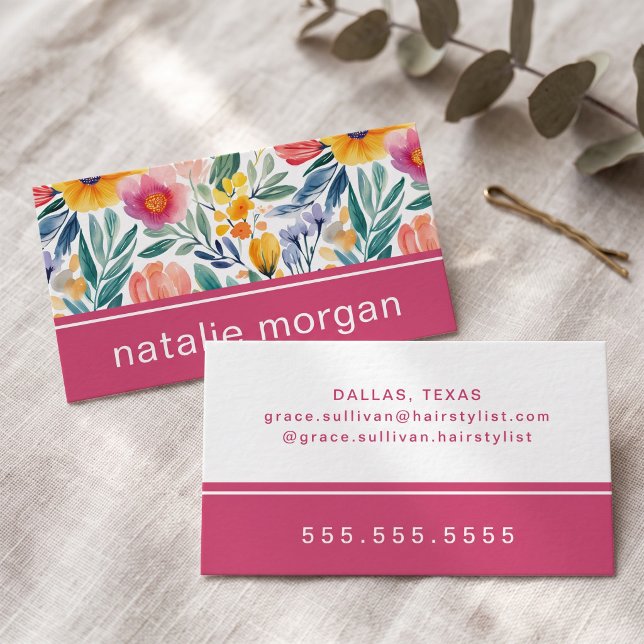 Lebendige Wasserfarben-Blumen Visitenkarte (Simulated business cards on table)
