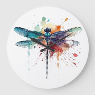 Lebendige Wasserfarben-Libelle Große Wanduhr