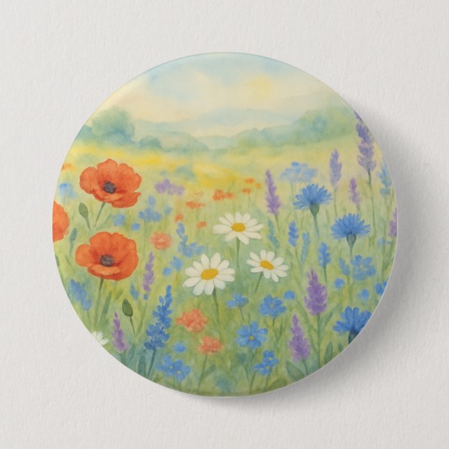Lebendige Wasserfarben-Wiesenlandschaft mit Wildbl Button (Vorderseite)
