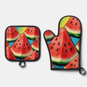 Lebendige Wassermelonen-Scheiben Pop Art Ofenhandschuh & Topflappen-Set