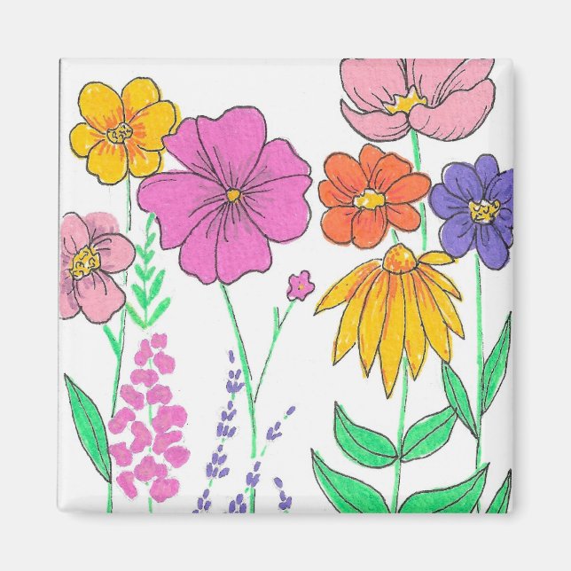Lebendige whimsical bemalte Blumen Magnet (Vorne)