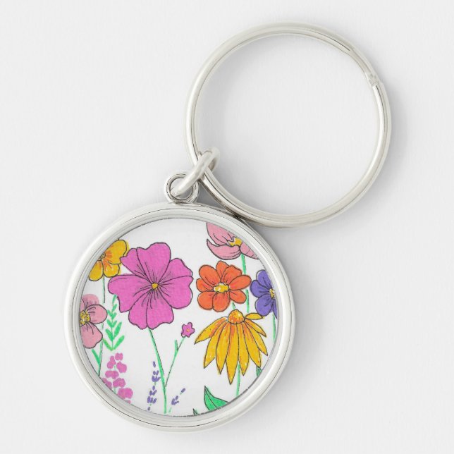 Lebendige Whimsical Bemalte Blumen Schlüsselanhänger (Vorne)