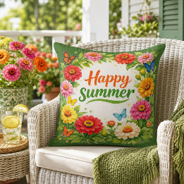 Lebendige Zinnienblumen Glücklicher Sommer Grün Kissen