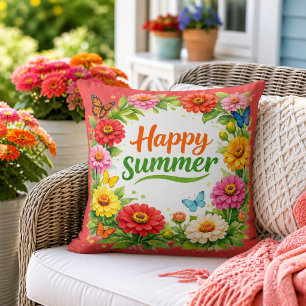Lebendige Zinnienblumen Glücklicher Sommer Rot Kissen