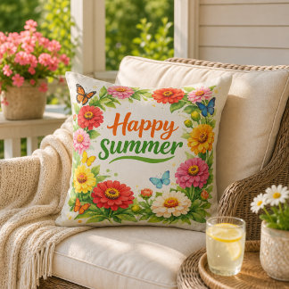 Lebendige Zinnienblumen Glücklicher Sommer Weiß Kissen