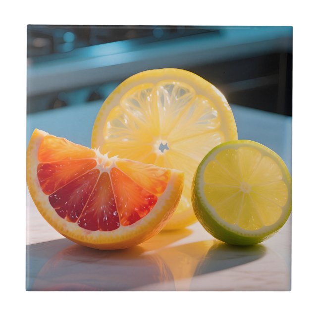 Lebendige Zitrus Scheiben Grapefruit Zitrone Limet Fliese (Vorderseite)