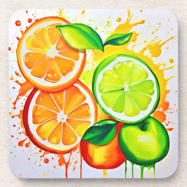 Lebendige Zitrusfrucht-Splash-Art Getränkeuntersetzer (Vorderseite)