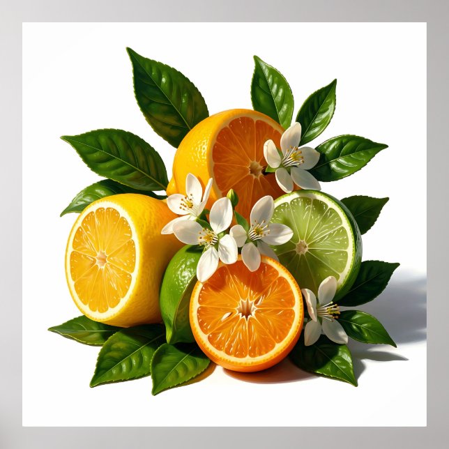Lebendige Zitrusfrüchte Blüten Realistisch Poster (Vorne)