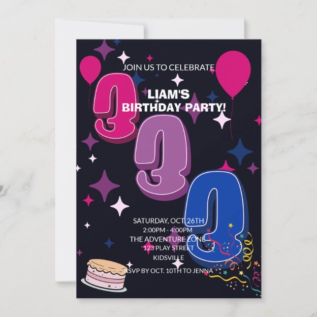 Lebendiger 3. Geburtstag | Rosa Blau Konfetti Einladung (Vorderseite)