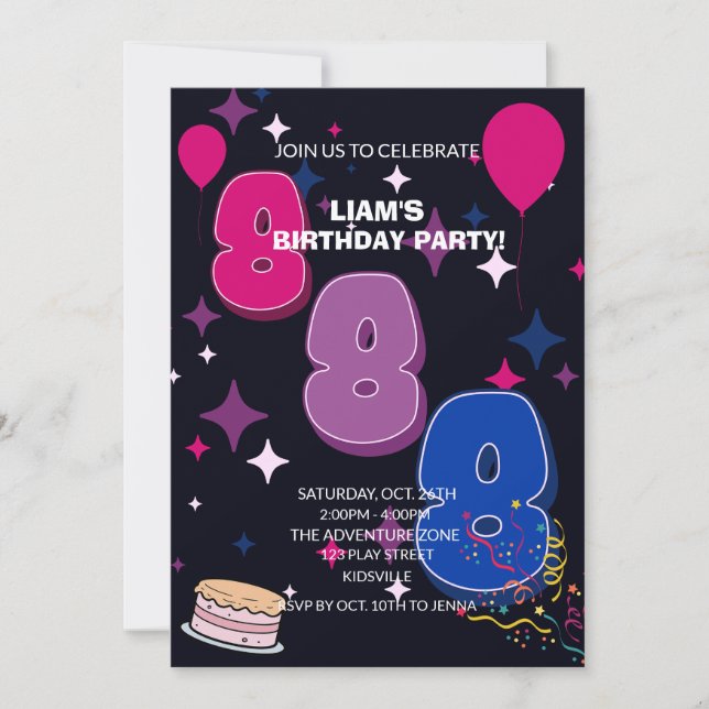 Lebendiger 8. Geburtstag  | Rosa Blau Konfetti Einladung (Vorderseite)