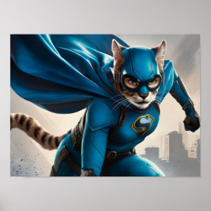 Lebendiger Blaue Feline Superhero mit Brille Poster