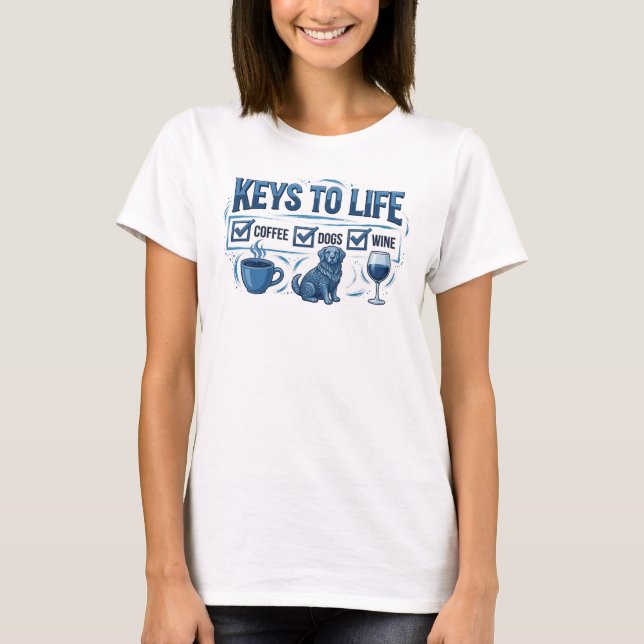 Lebendiger blauer KUNSTDRUCK KAFFEE DANN WEIN T-Shirt (Vorderseite)