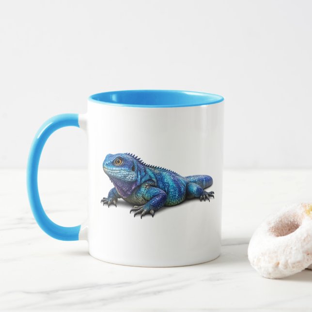 Lebendiger blauer Leguan-Echsen-Grafik Zweifarben- Tasse (Mit Donut)