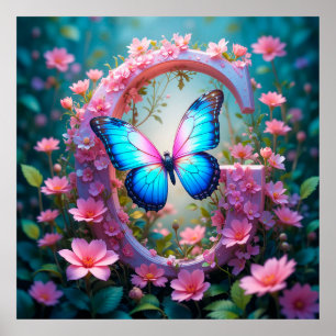 Lebendiger blauer Schmetterling auf floral verzier Poster