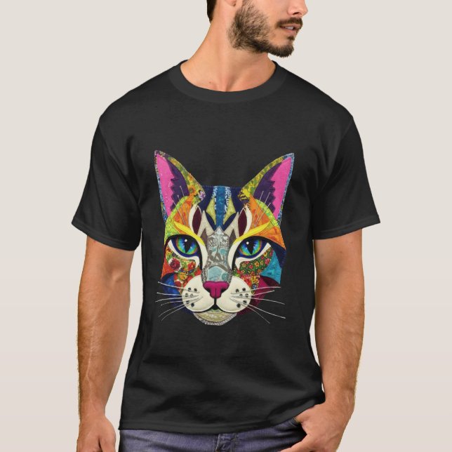 Lebendiger Bunter Falscher Patch Style Katzen Kuns T-Shirt (Vorderseite)