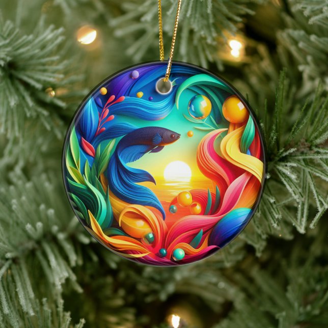 Lebendiger Bunter Glas Abstrakter Kampffisch Keramik Ornament (Von Creator hochgeladen)