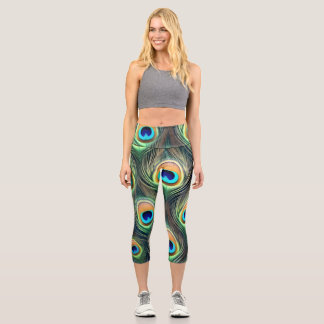 Lebendiger exotischer Pfauenfederdruck Capri Leggings