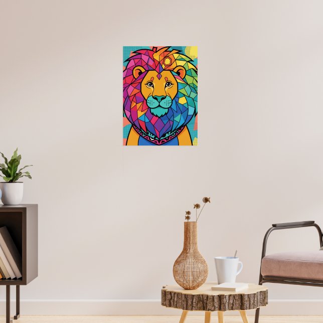 Lebendiger Farbiger Mosaik-Löwe Geometrisch Abstra Poster (Wohnzimmer 3)