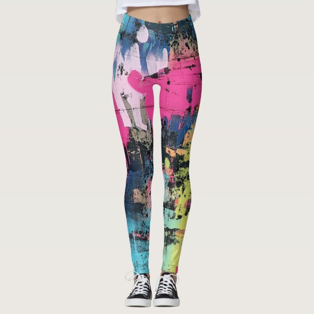 Lebendiger Farbklecks-Graffiti Pink Gelb Blau Leggings (Vorderseite)