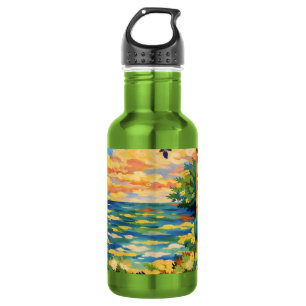 Lebendiger Floraler Ozean-Sonnenuntergang-Garten – Edelstahlflasche