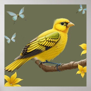 Lebendiger gelber Vogel auf einem Ast Poster