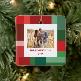 Lebendiger geometrischer Farbblock-Weihnachtsfoto Keramikornament