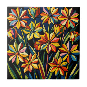 Lebendiger geometrischer Regenbogen-Blumenstrauß Fliese