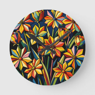 Lebendiger geometrischer Regenbogen-Blumenstrauß Runde Wanduhr