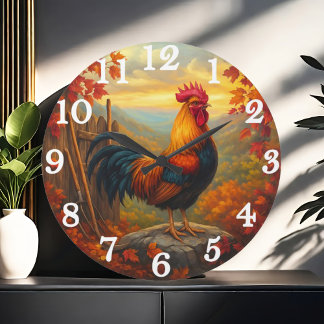 Lebendiger Hahn in einer Herbstfarmszene Große Wanduhr